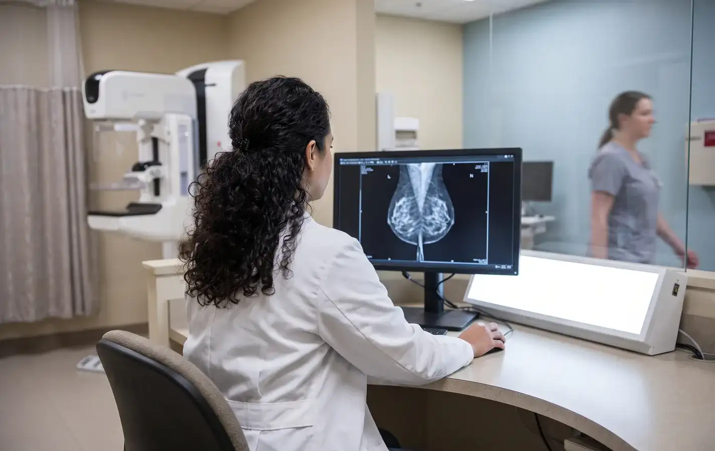 Reviewing a mammogram during breast cancer screening in Houston