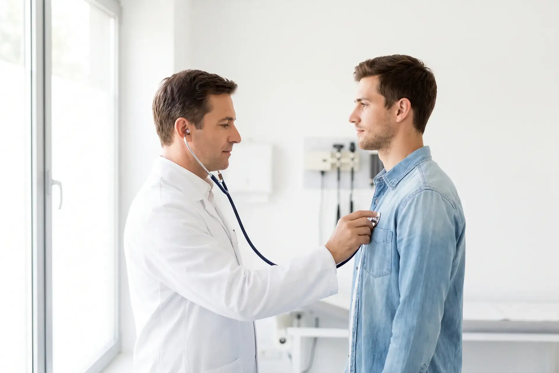 Doctor listening to a patient's heart during an annual physical in Houston