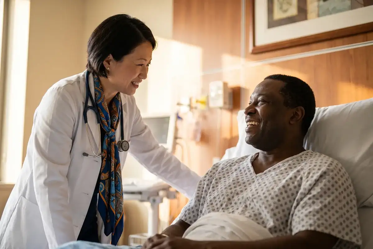 Internal medicine physician with a hospital patient in Houston