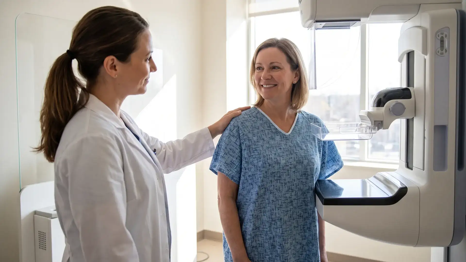 Technologist positioning a patient for a mammogram screening in Houston