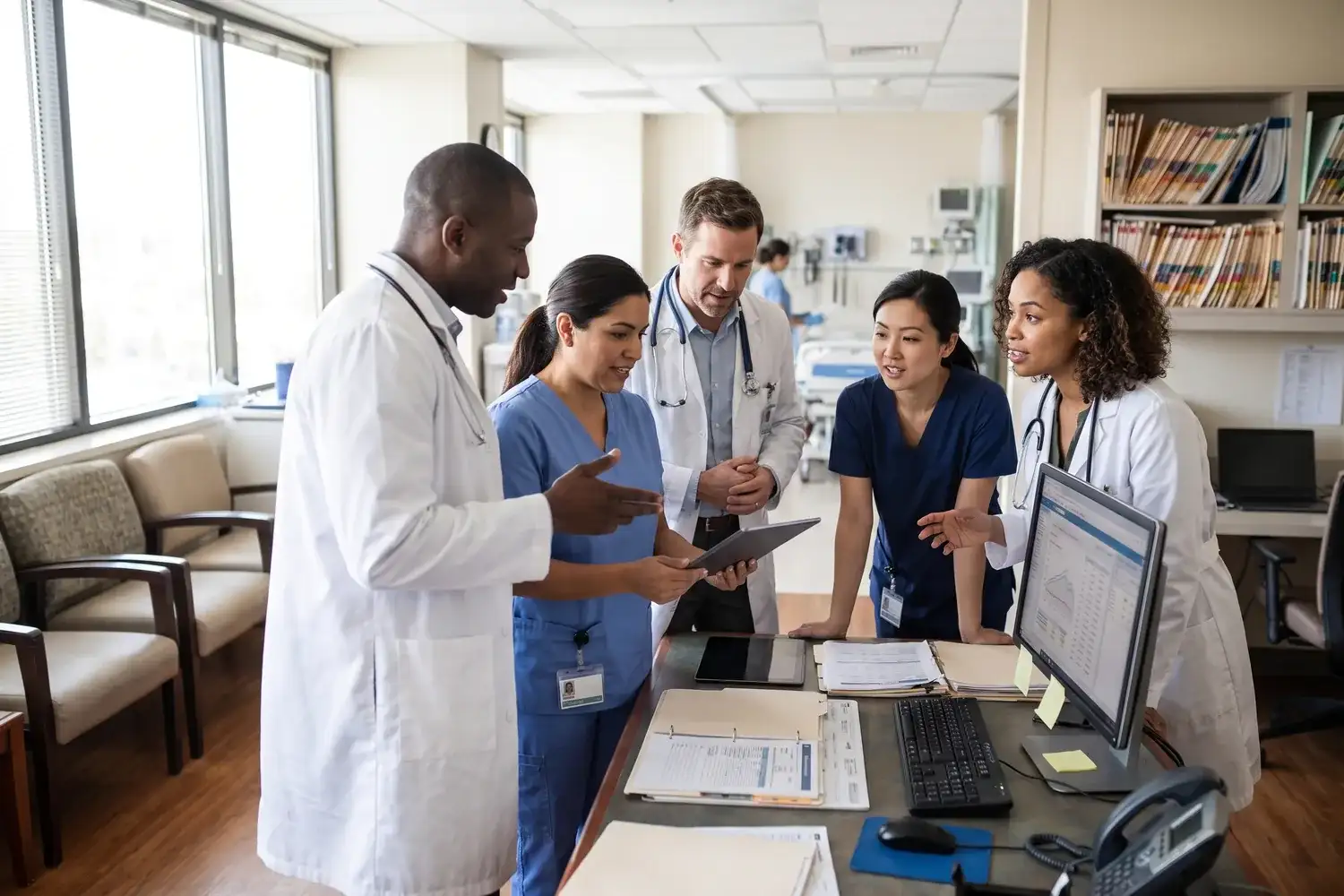 Medical team reviewing a patient chart at Houston Family Physicians PA