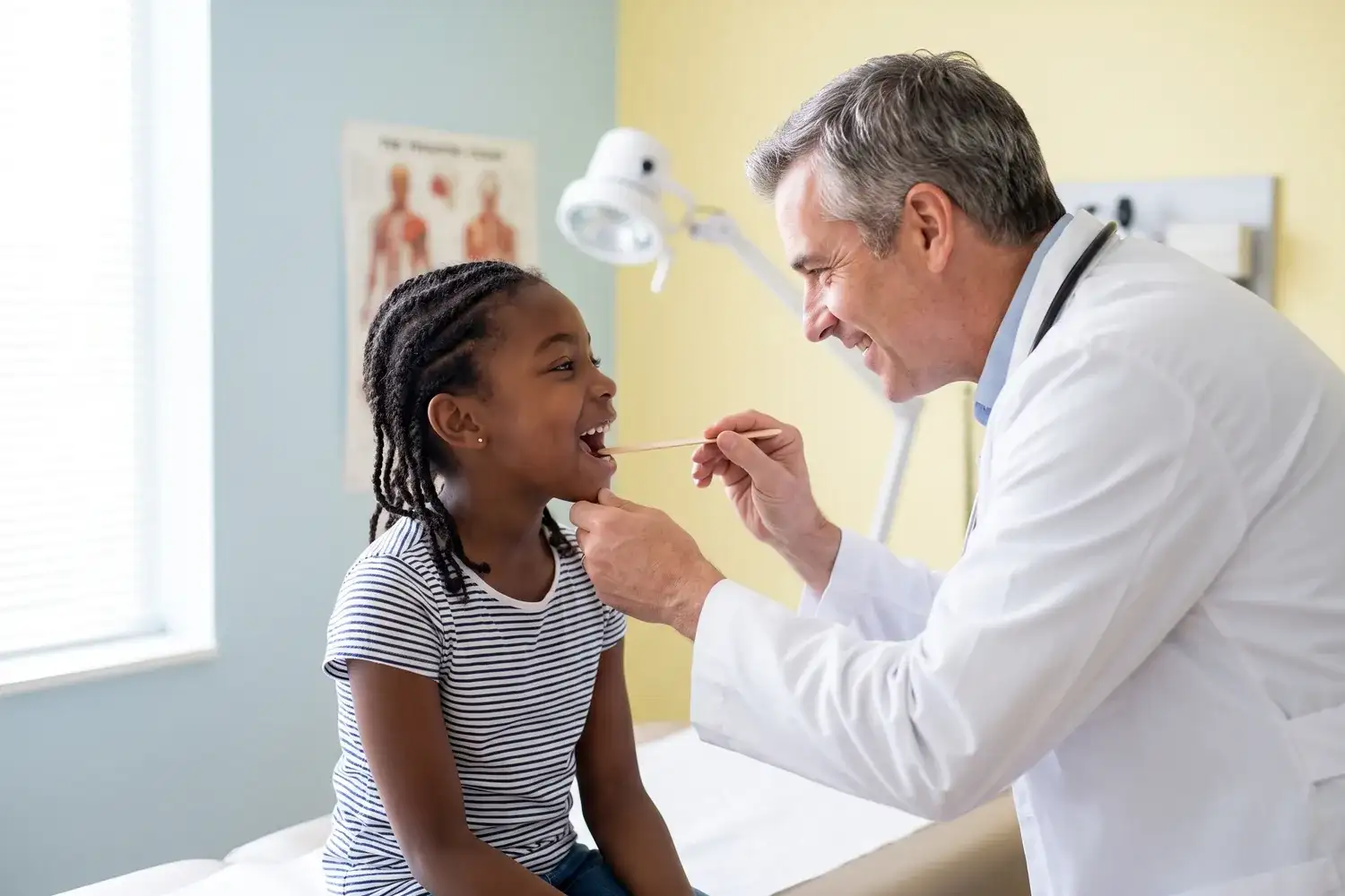 Doctor checking a child's throat during a school physical exam in Houston