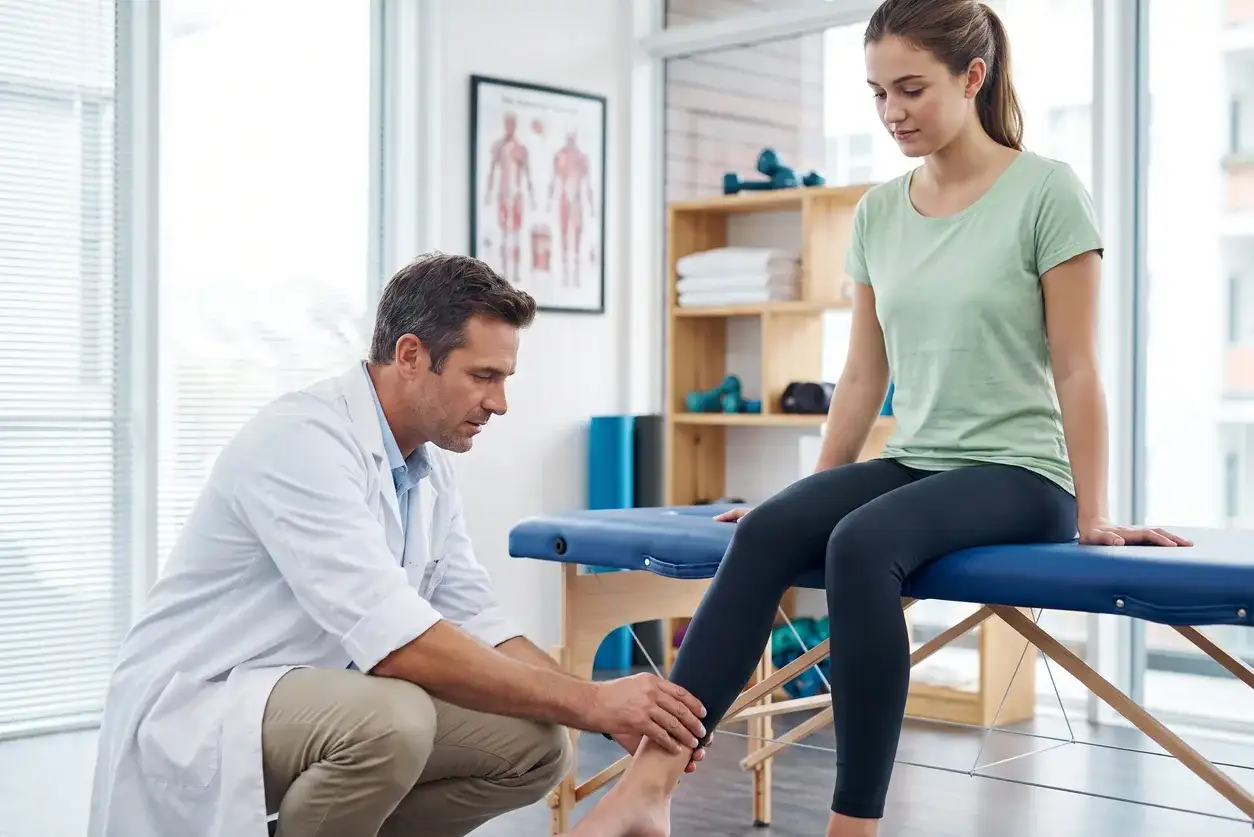 Sports medicine doctor examining a knee injury in Houston